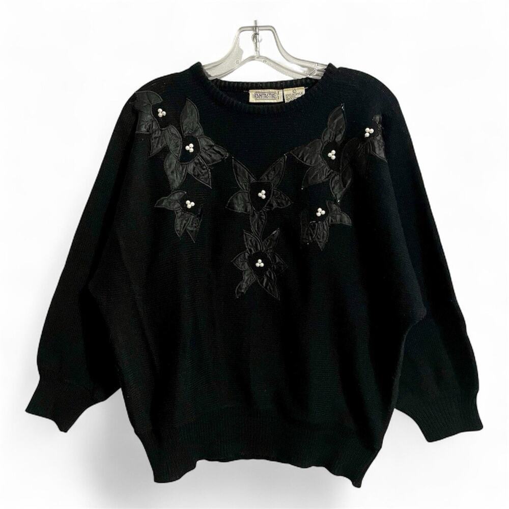 Vintage 80s Sweater Black Women Size Large Fantastic New York Acrylic Preppy